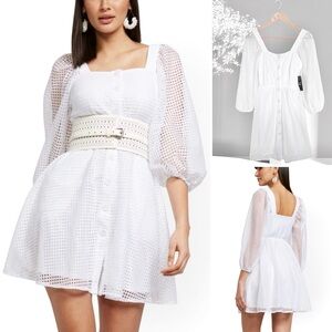 New York & Company Open Stitch Button-Front Dress 3/4 Puff Sleeves Square Neck